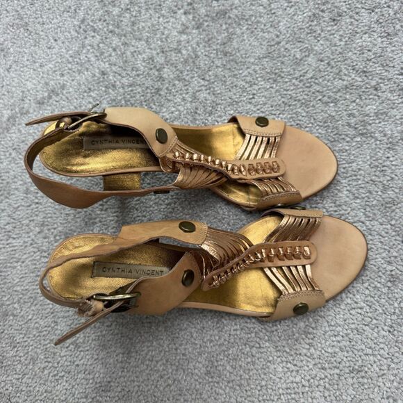 Cynthia Vincent Slingback Gladiator Heeled Sandals Women 8.5 Gold Bronze Leather - Picture 9 of 16